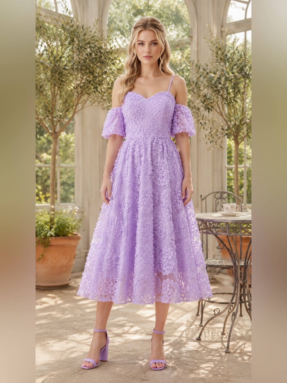Stunning Lavender Floral Appliqué Off Shoulder A-Line Midi Dress- Size Small